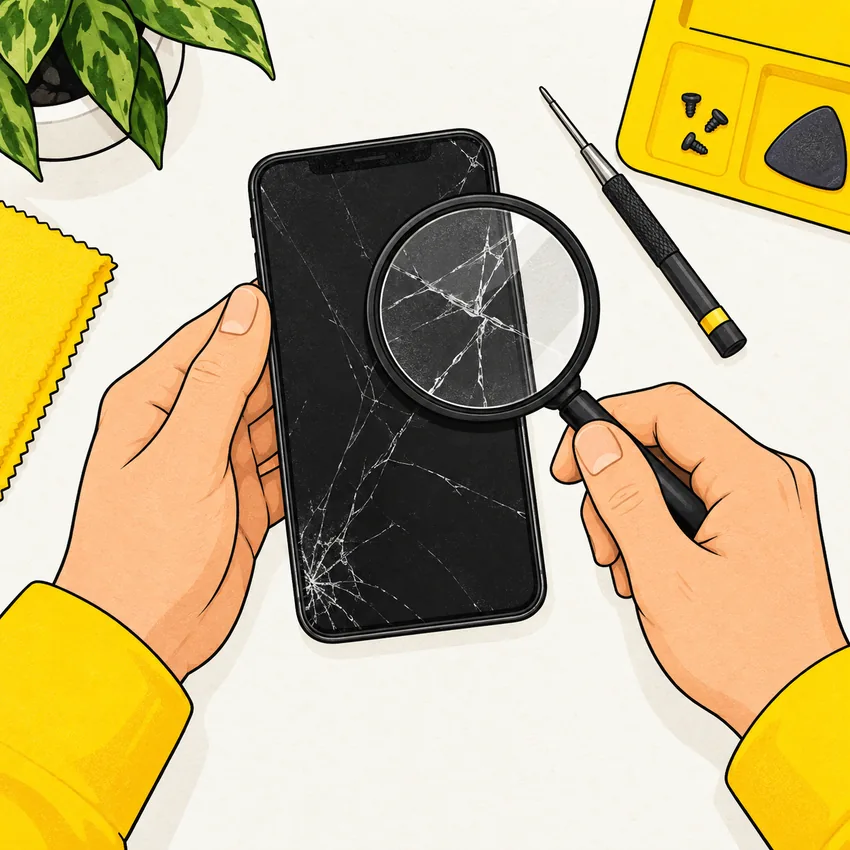 壊れたスマートフォンの状態を確認するイラスト