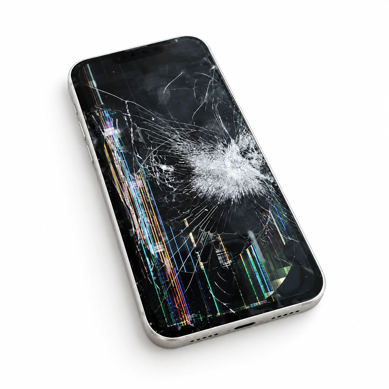 ひび割れと表示不良のあるスマートフォンの液晶画面