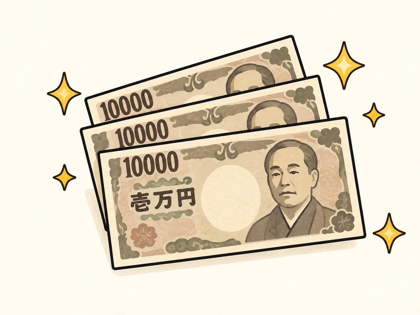 日本の一万円札と周囲にきらめく黄色い星のイラスト